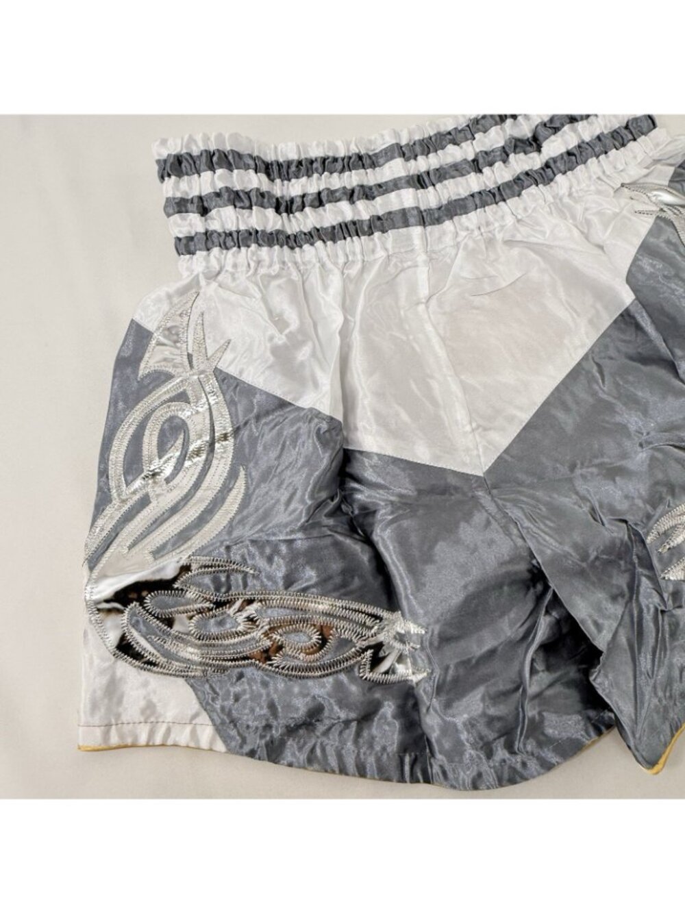 Muay Thai Boxing Shorts Men Women Size L Fonts Gray Gold Satin Patch Kickboxing - Picture 8 of 12